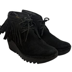 Fly London Yank Wedge Ankle Boots Womens 42 Black Suede Fringe Euro